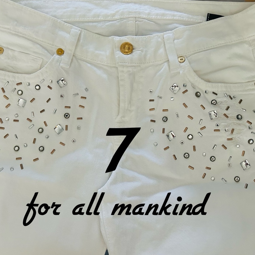 7 FOR ALL MANKIND Sz26 CIGARETTE‎ EMBELLISHMENT SKINNY JEANS WHITE DESTROYED